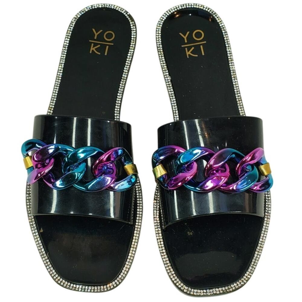 YOKI Black Rhinestone Chain Slide Sandals Size 8.5